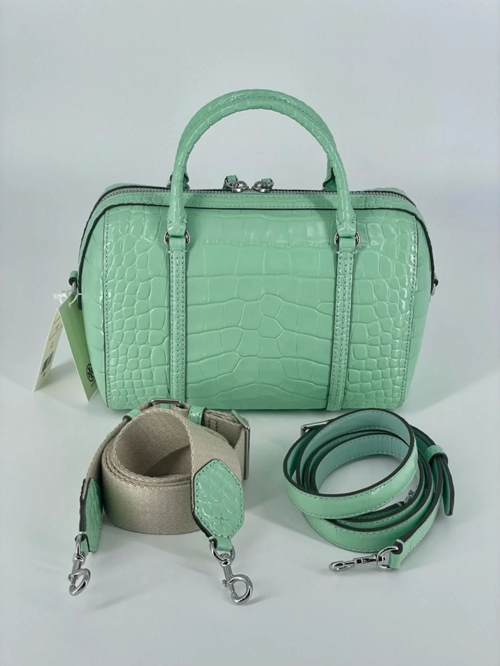 NWT Tory Burch Northern Lights Green Thea Croc-Embossed Bag w/ 2 Straps - Picture 2 of 7